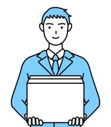 Simple line drawing of a Man in work clothes holding a cardboard box.